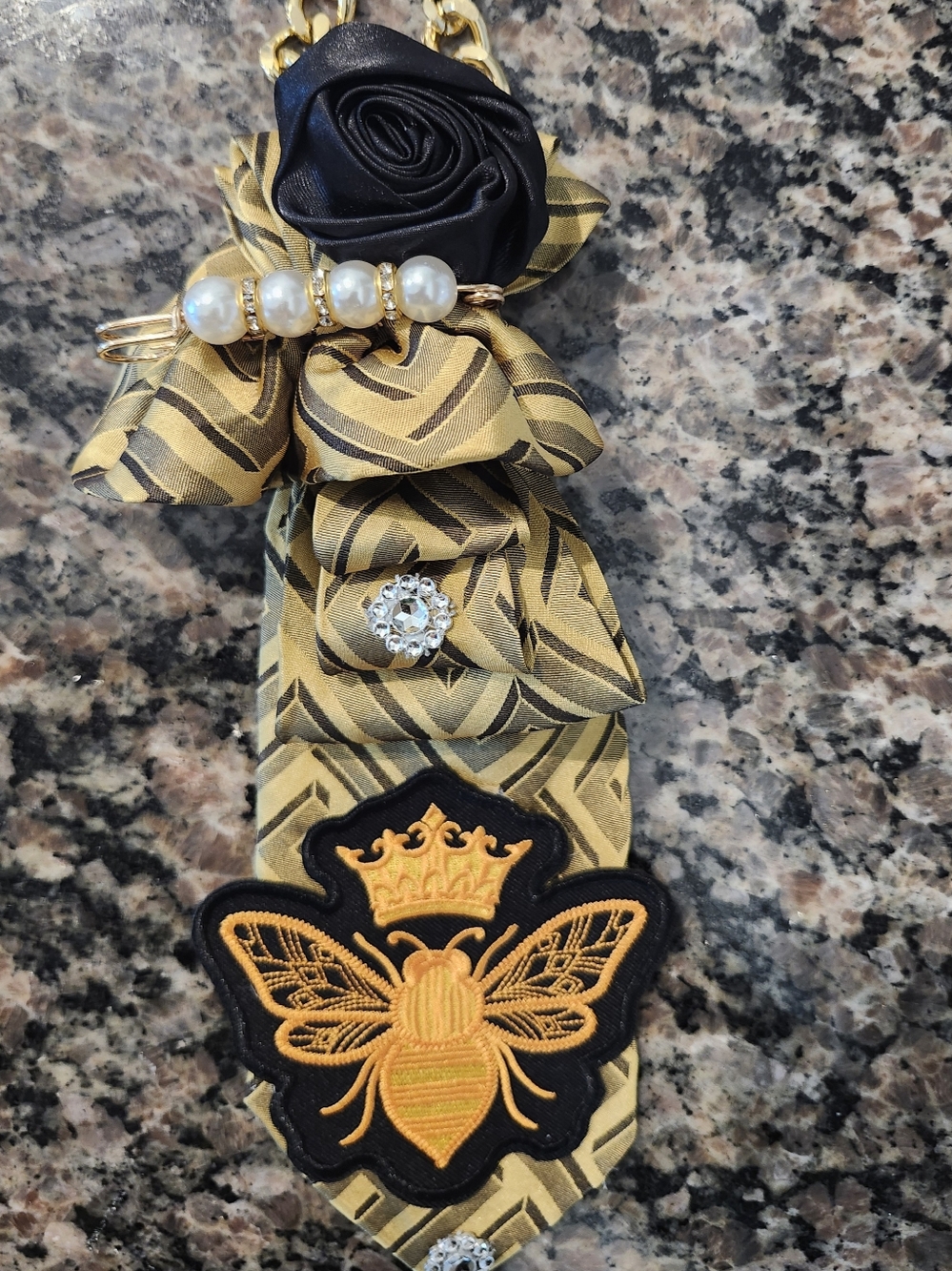 Versace Gold and Black Bee Custom Made Tie with Pearl and Crystal Accents